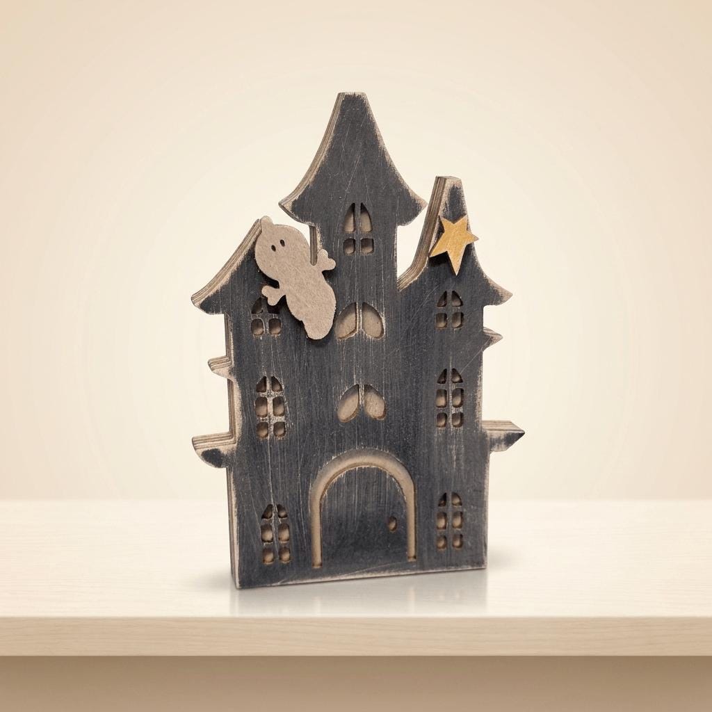 A wooden house-shaped decoration with a ghost and a star on top, sitting on a white surface.