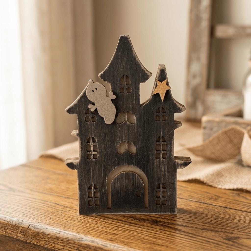 A wooden house-shaped decoration with a ghost figure on top, sitting on a wooden surface.
