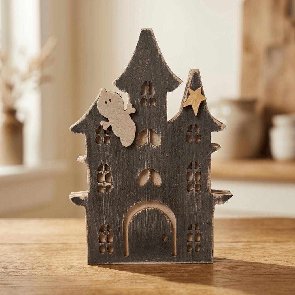 A wooden house-shaped decoration with a ghost and a star on top, placed on a wooden surface.