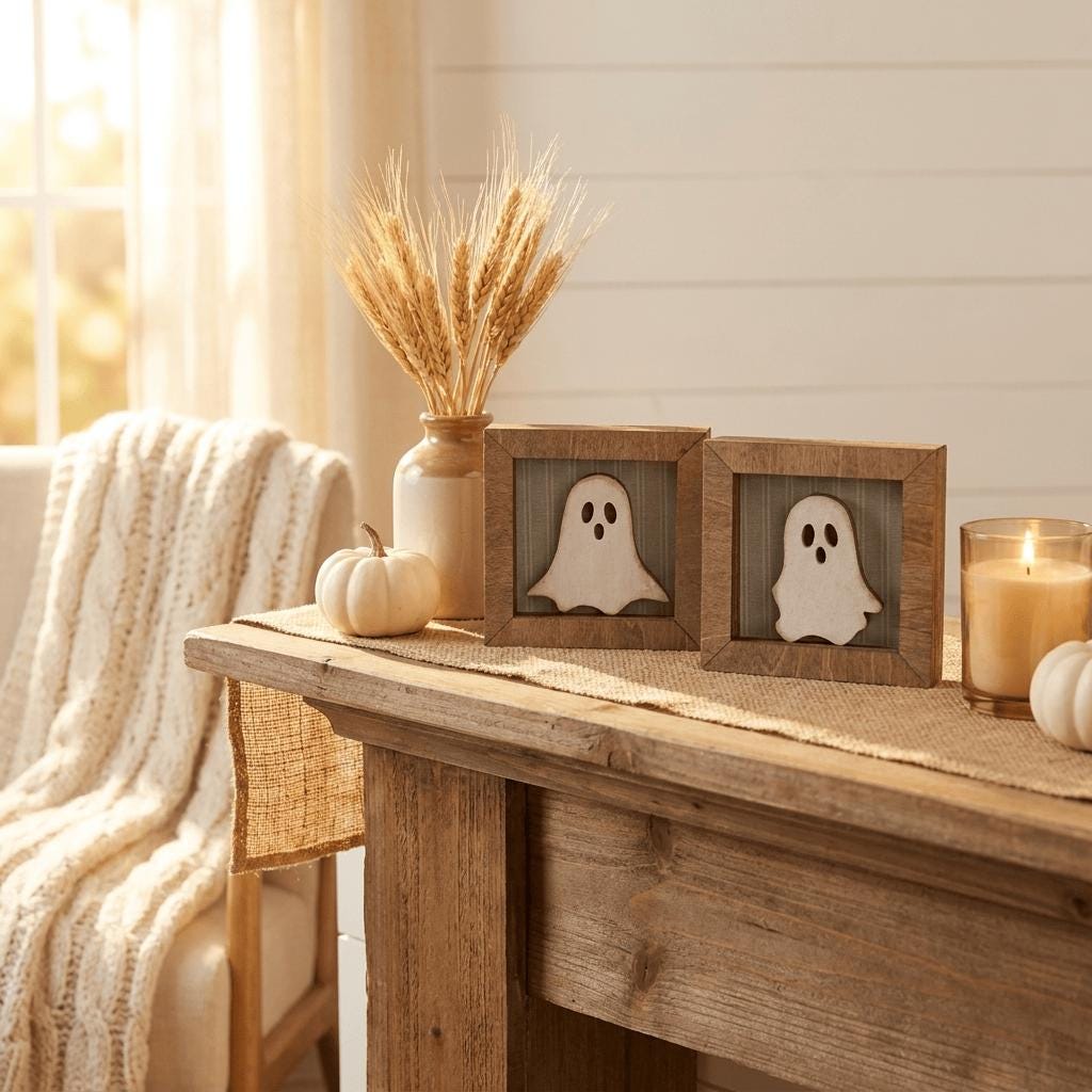 a cozy living room with a wooden table, a vase of wheat stalks, a candle, and two framed ghost decorations.