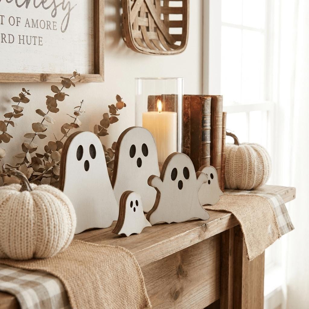a wooden table with various Halloween decorations, including small ghost figures and pumpkins. There is also a candle and some books on the table, creating a cozy and festive atmosphere.