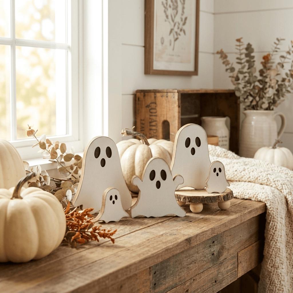 a rustic wooden table with various Halloween decorations, including small white ghost figures, pumpkins, and dried leaves. The table is situated near a window, and there are other decorative items such as a vase and a picture frame in the background.