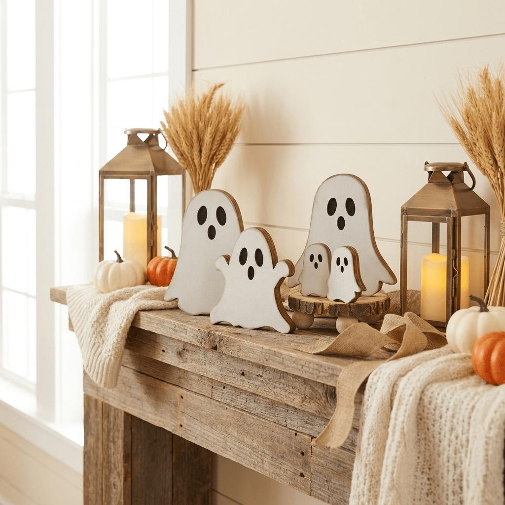 a rustic wooden table with various Halloween decorations, including ghost-shaped cutouts, lanterns, and pumpkins.
