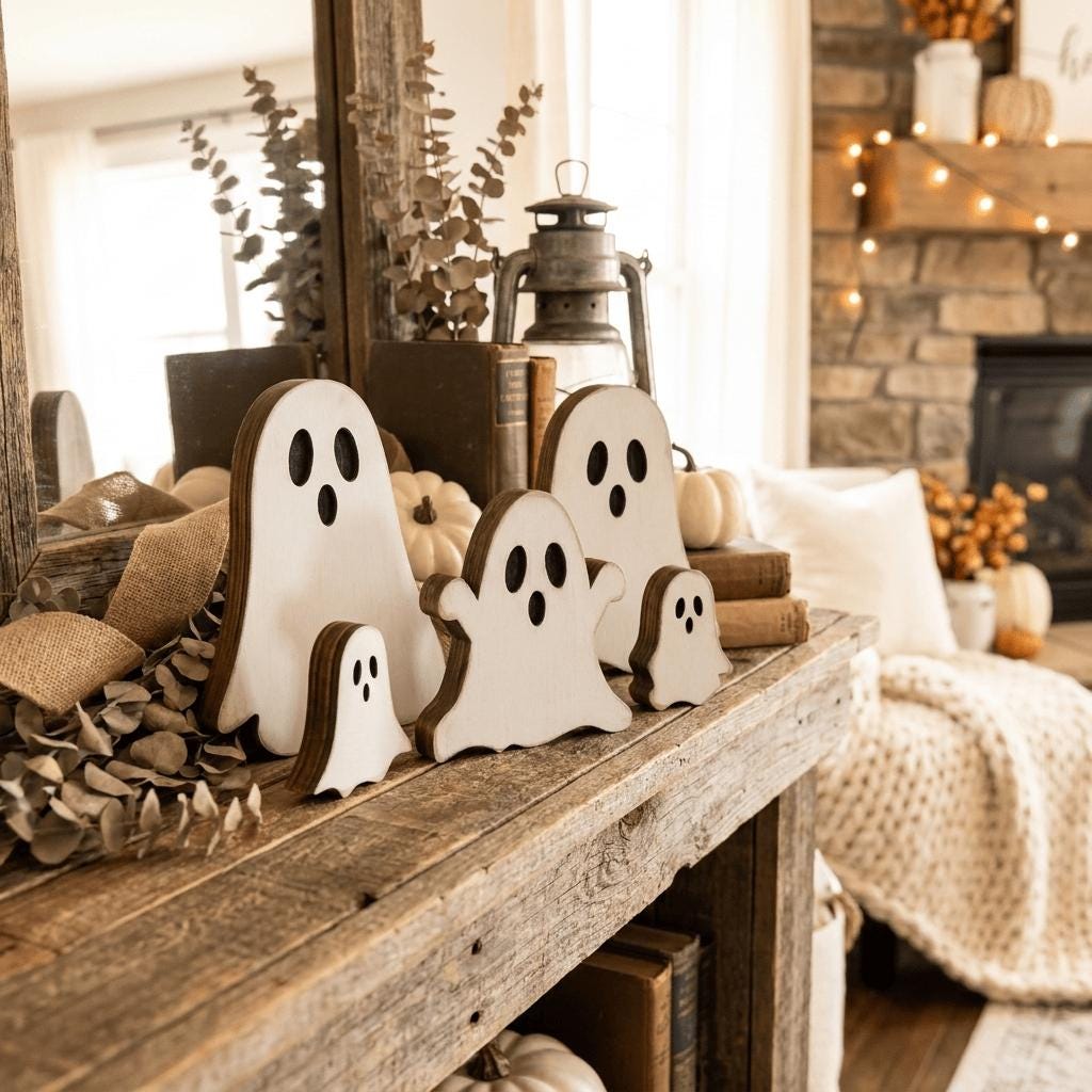 a rustic wooden table with various Halloween decorations, including small ghost figurines and a lantern, creating a spooky and festive atmosphere.