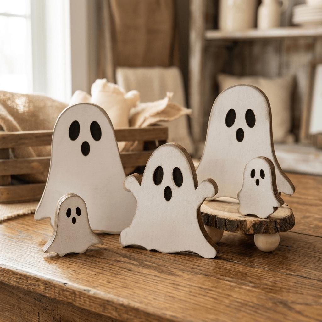 A group of white ghost-shaped cutouts with black eyes and mouths are arranged on a wooden surface, creating a spooky and festive Halloween display.
