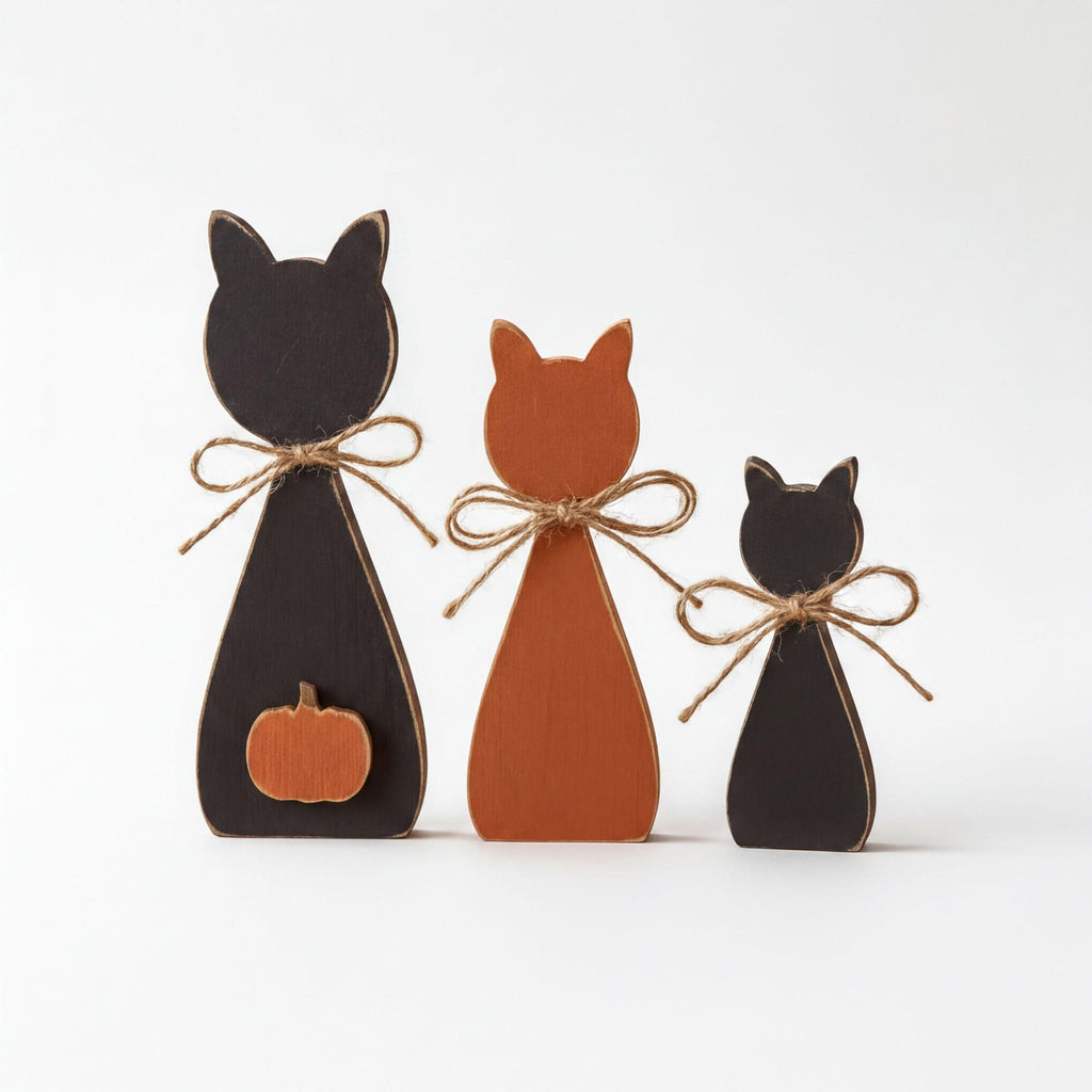 Three wooden cat figurines are arranged in a row, each with a pumpkin attached to their backs.