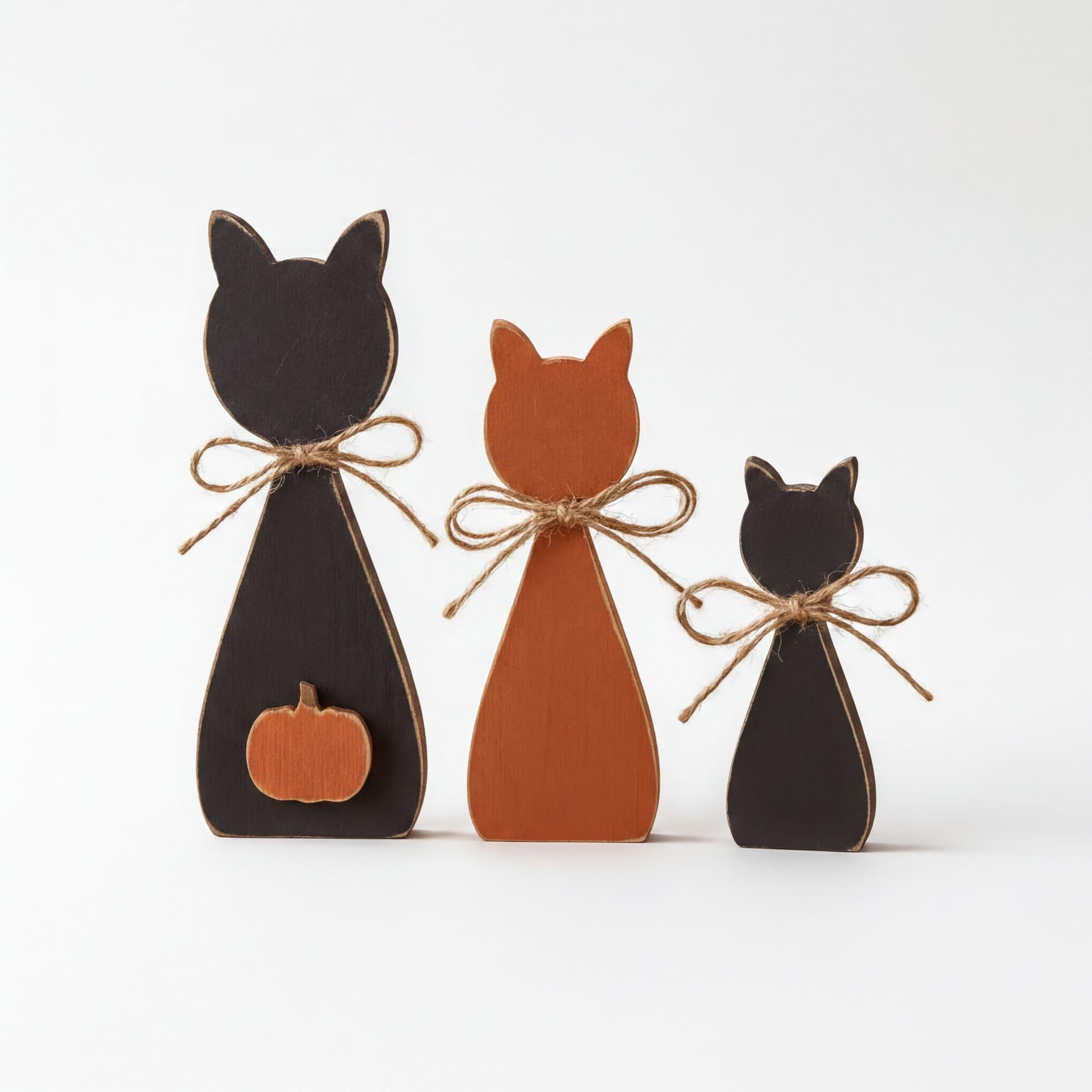 Three wooden cat figurines are arranged in a row, each with a pumpkin attached to their backs.