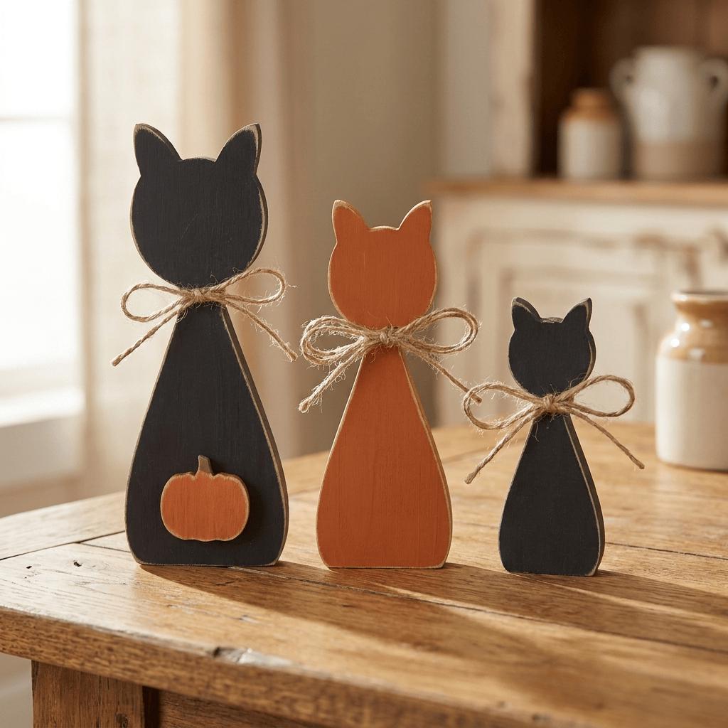 Three wooden cat figurines are arranged on a wooden table, with a pumpkin-shaped cat figurine in the center.