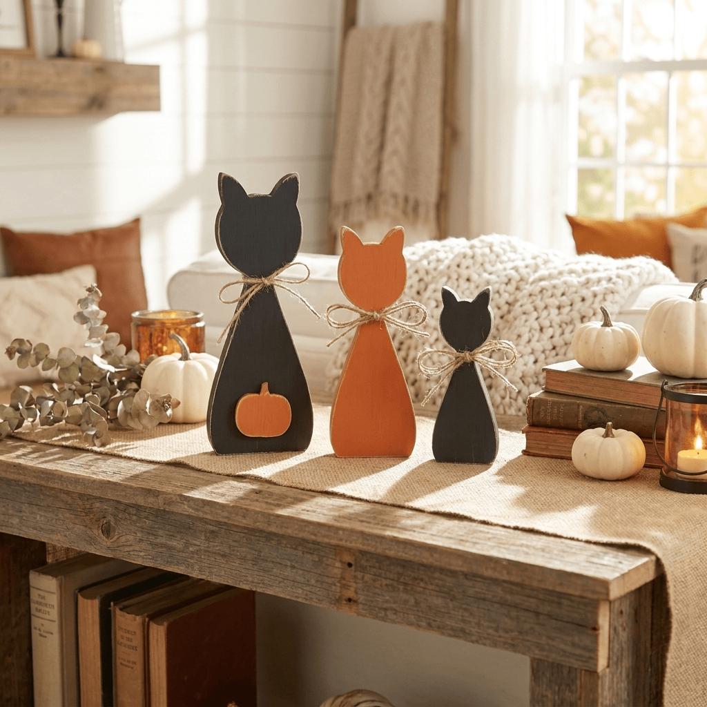 a rustic wooden table with three wooden cat figurines, two orange and one black, arranged on it. The table is surrounded by various fall decorations, including white pumpkins, candles, and books. The scene appears to be a cozy and festive setting, possibly for a fall-themed event or gathering.