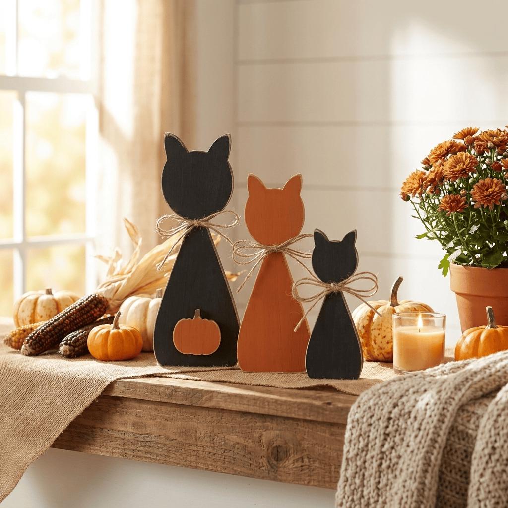 a rustic wooden shelf displaying a variety of fall decorations, including wooden cat figurines, pumpkins, and a candle.