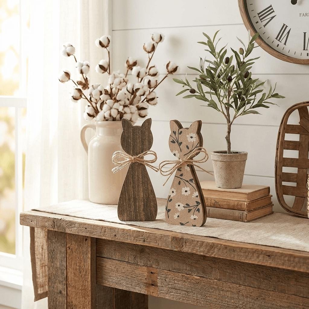 a rustic wooden table with various decorative items on it, including wooden cat figurines, a vase of cotton bolls, and a potted plant. There is also a clock hanging on the wall above the table.