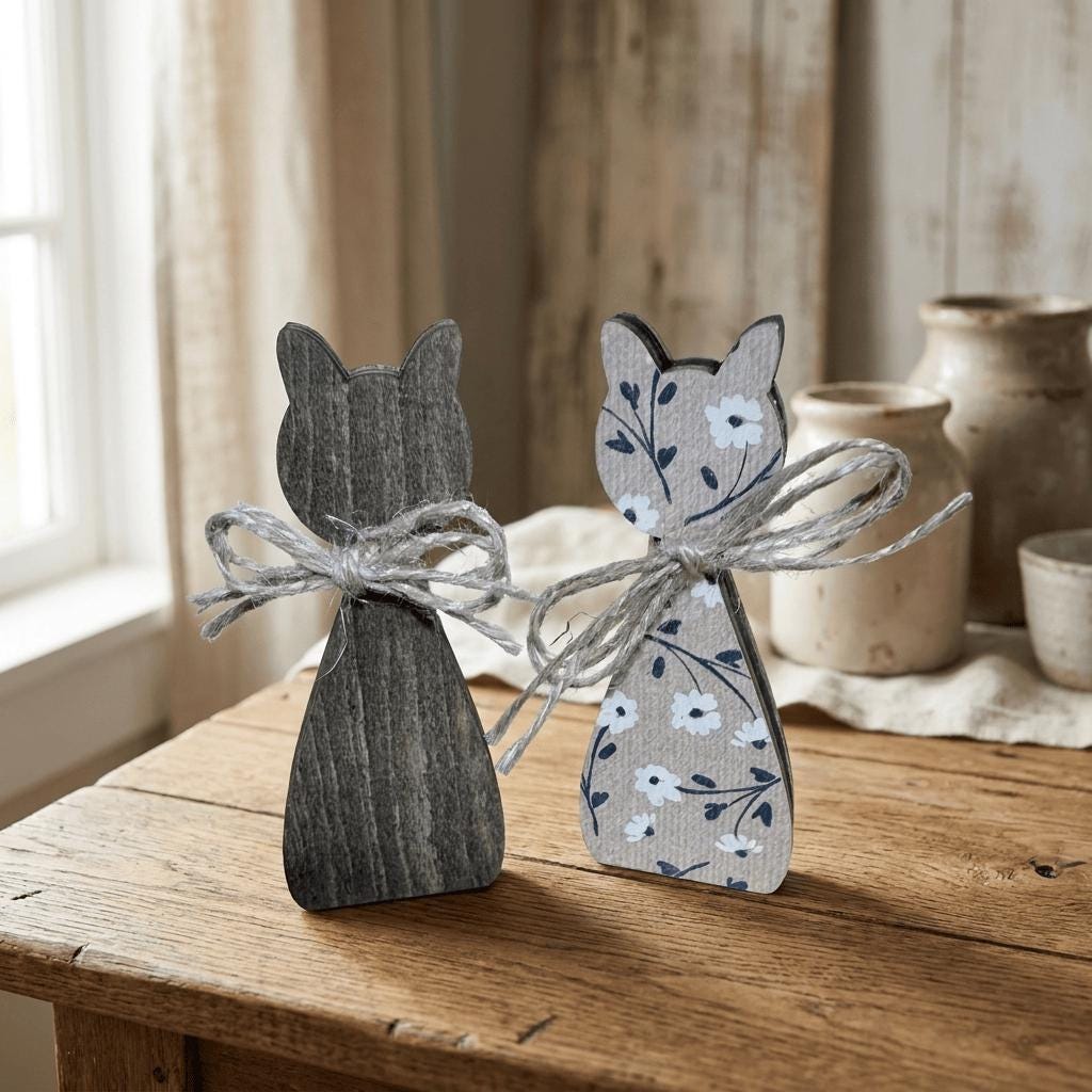 Two wooden cat figurines with floral patterns are sitting on a wooden table, tied together with a string.