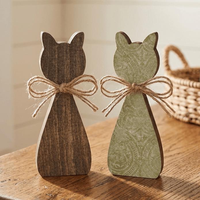 Two wooden cat figurines, one brown and one green, are tied with a twine bow on a wooden surface.