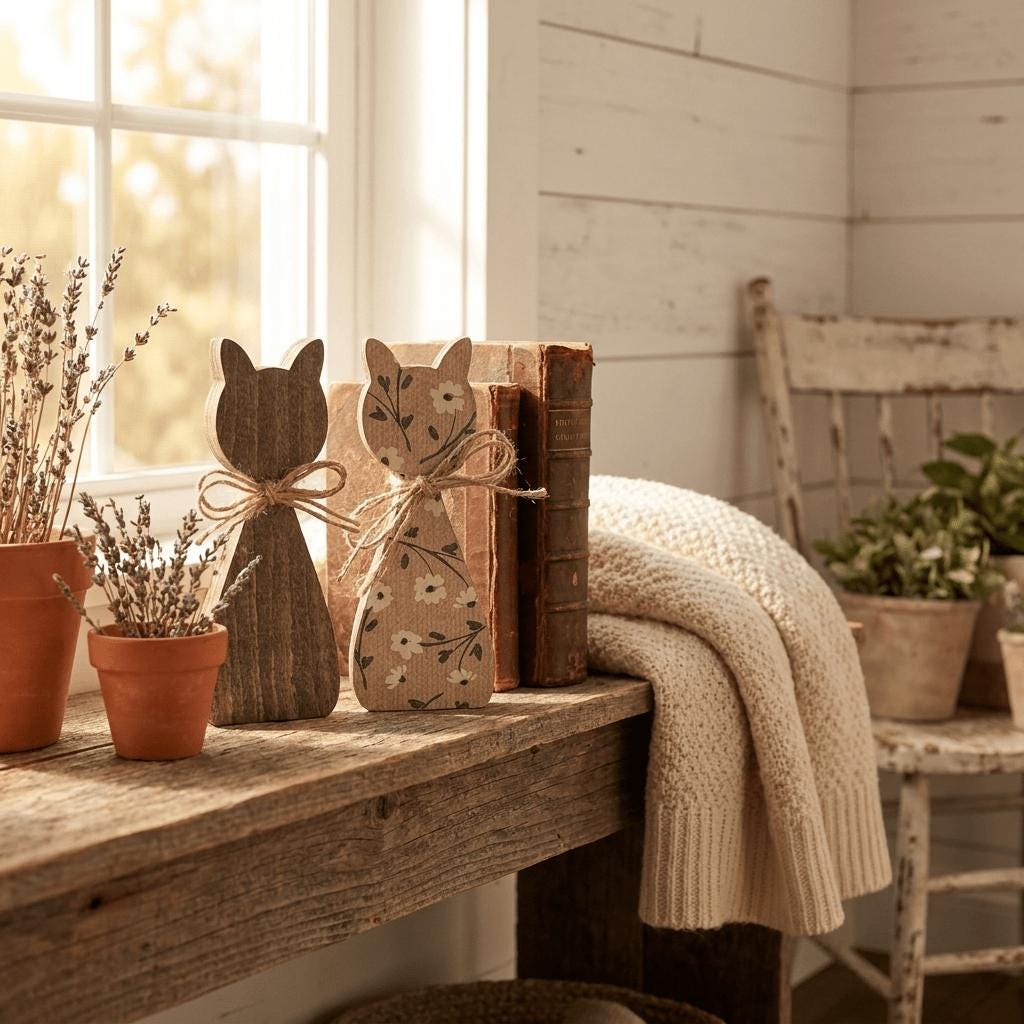 a rustic wooden table with various decorative items, including wooden cat figurines, books, and potted plants.