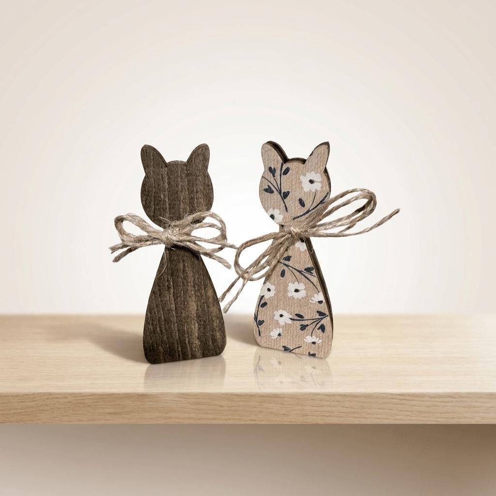 Two wooden cat figurines tied together with a string, one with a floral pattern and the other with a simple design.