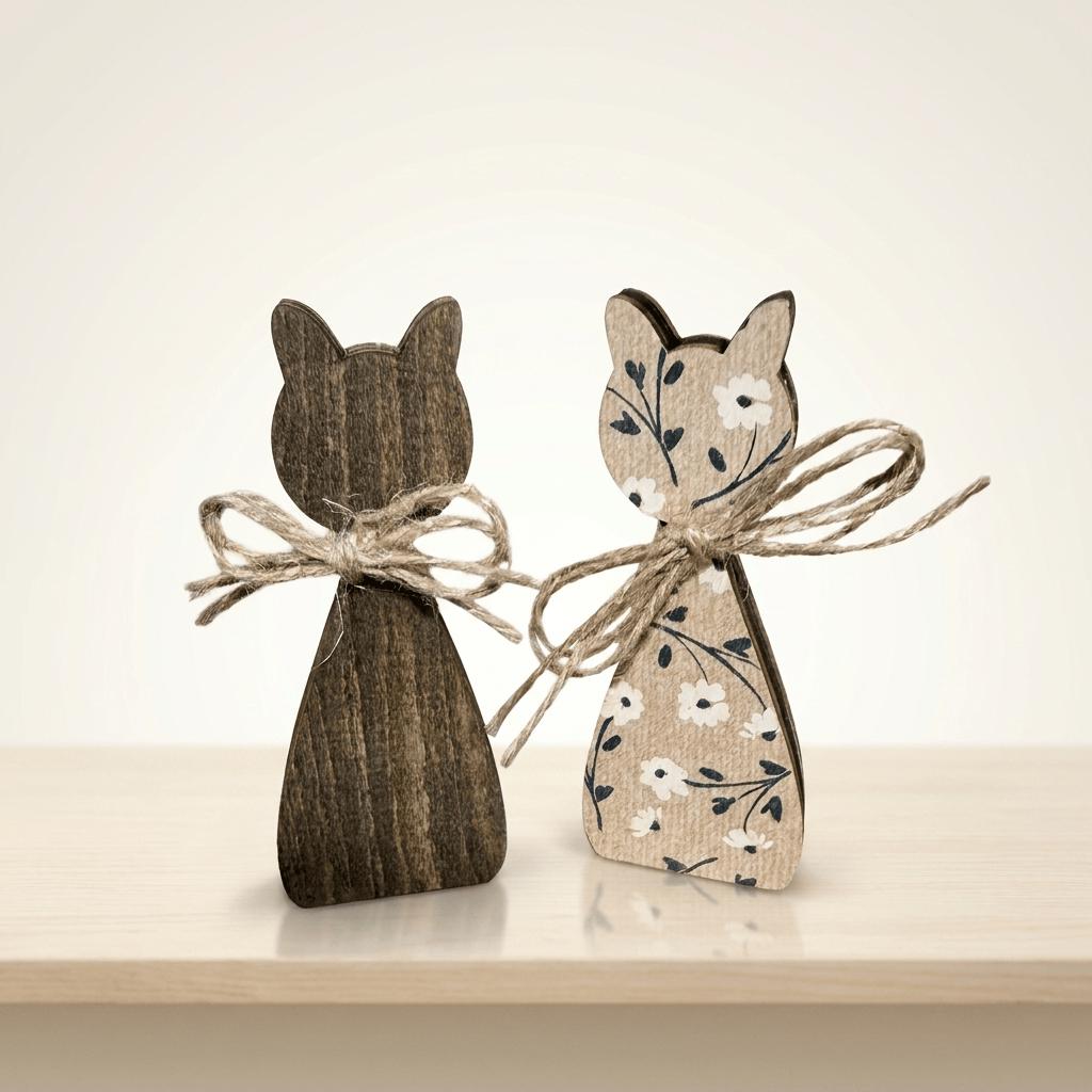 Two wooden cat figurines tied together with twine, one with a floral pattern and the other with a simple design.