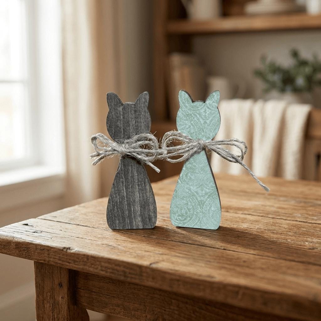 Two wooden cat figurines tied together with a string, sitting on a wooden table.