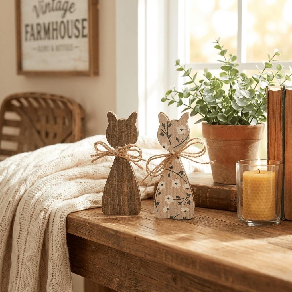 a rustic wooden cat figurine sitting on a wooden table, with a potted plant and a candle nearby. The table also has a blanket and some books, creating a cozy and inviting atmosphere.