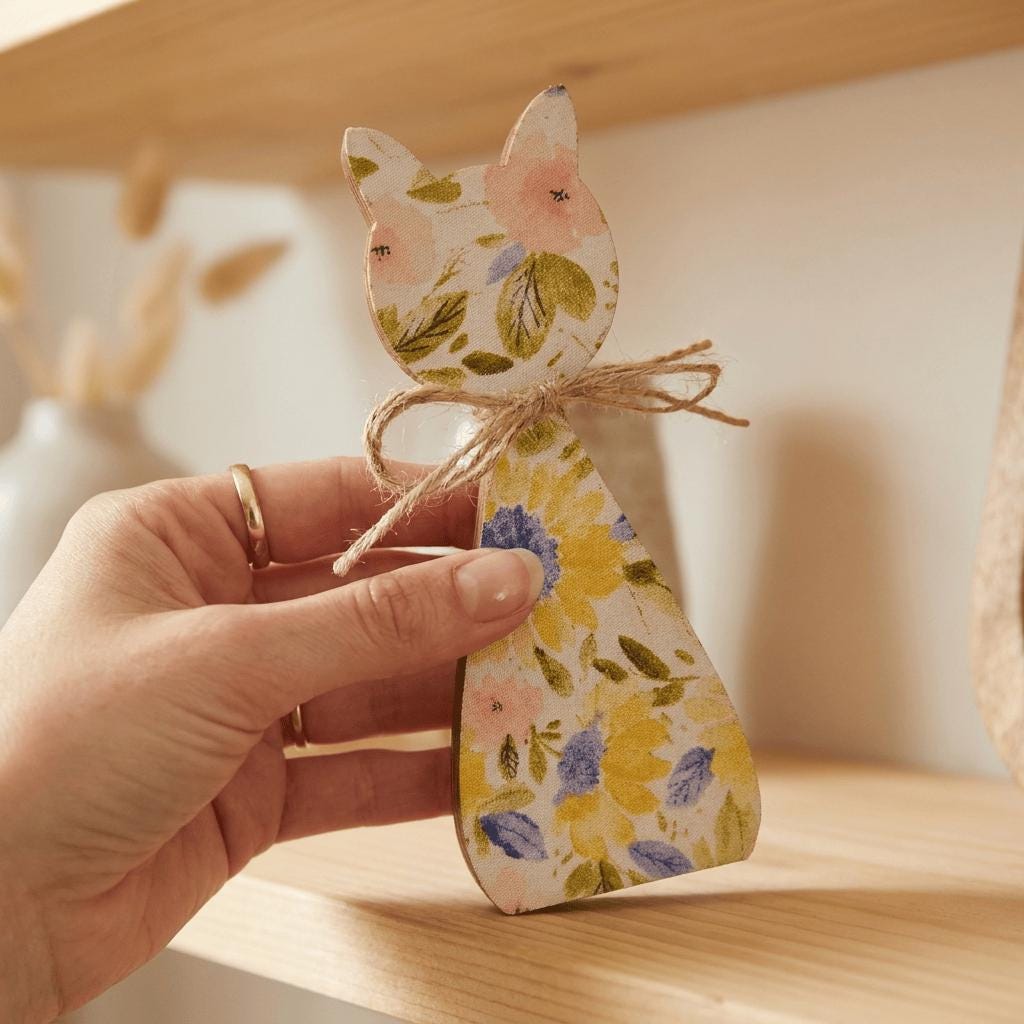 Floral Cat Wood Shelf Sitter | Rustic Farmhouse Spring Decor | Freestanding Cat Decor | Gift for Cat Lover - TheGrumpyRooster