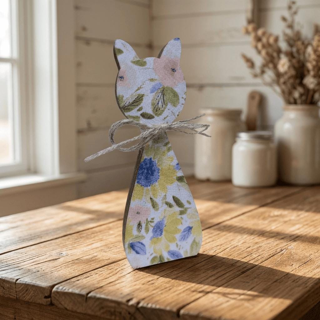 Floral Cat Wood Shelf Sitter | Rustic Farmhouse Spring Decor | Freestanding Cat Decor | Gift for Cat Lover - TheGrumpyRooster