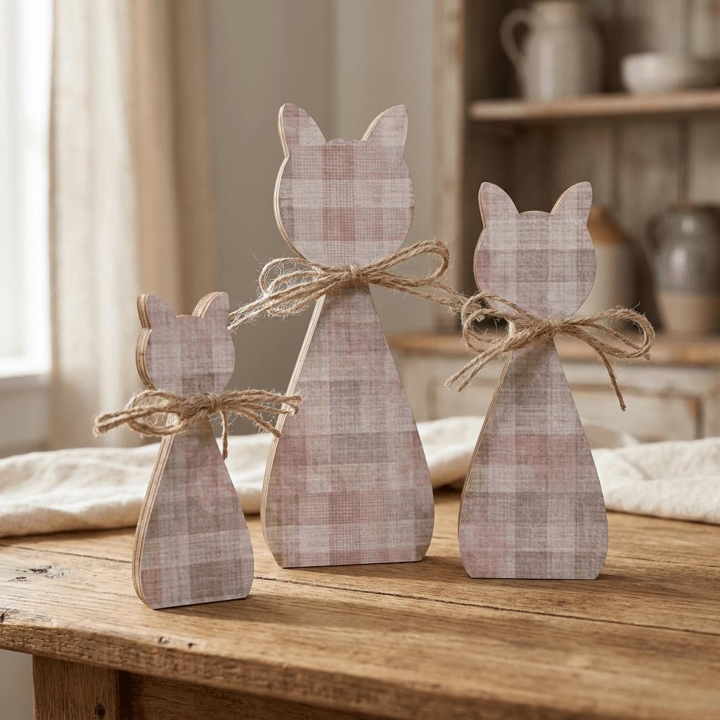 Soft Pink / Tan Plaid Cat Family Shelf Sitters | Farmhouse Cat Decor | Freestanding Wood Cat Set | Cat Lover Gift - TheGrumpyRooster