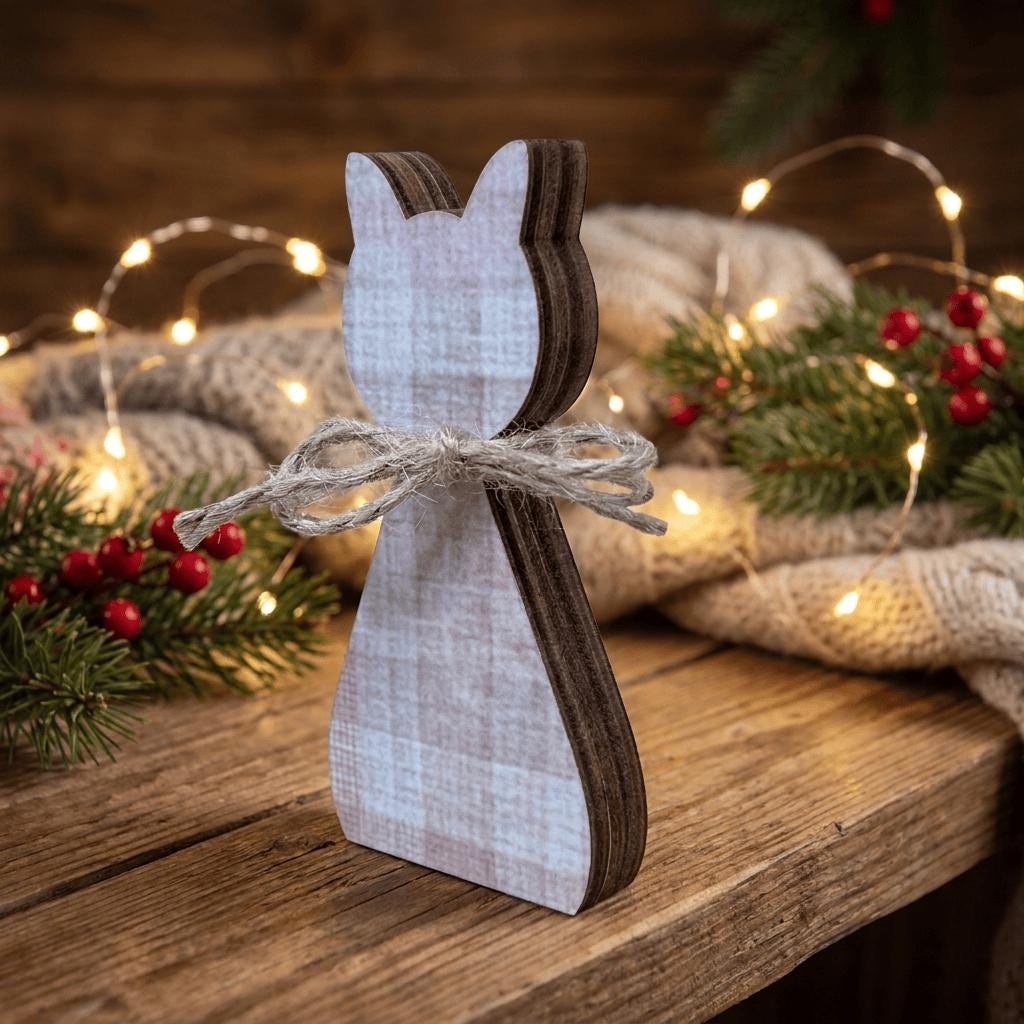 Soft Pink / Tan Plaid Cat Family Shelf Sitters | Farmhouse Cat Decor | Freestanding Wood Cat Set | Cat Lover Gift - TheGrumpyRooster