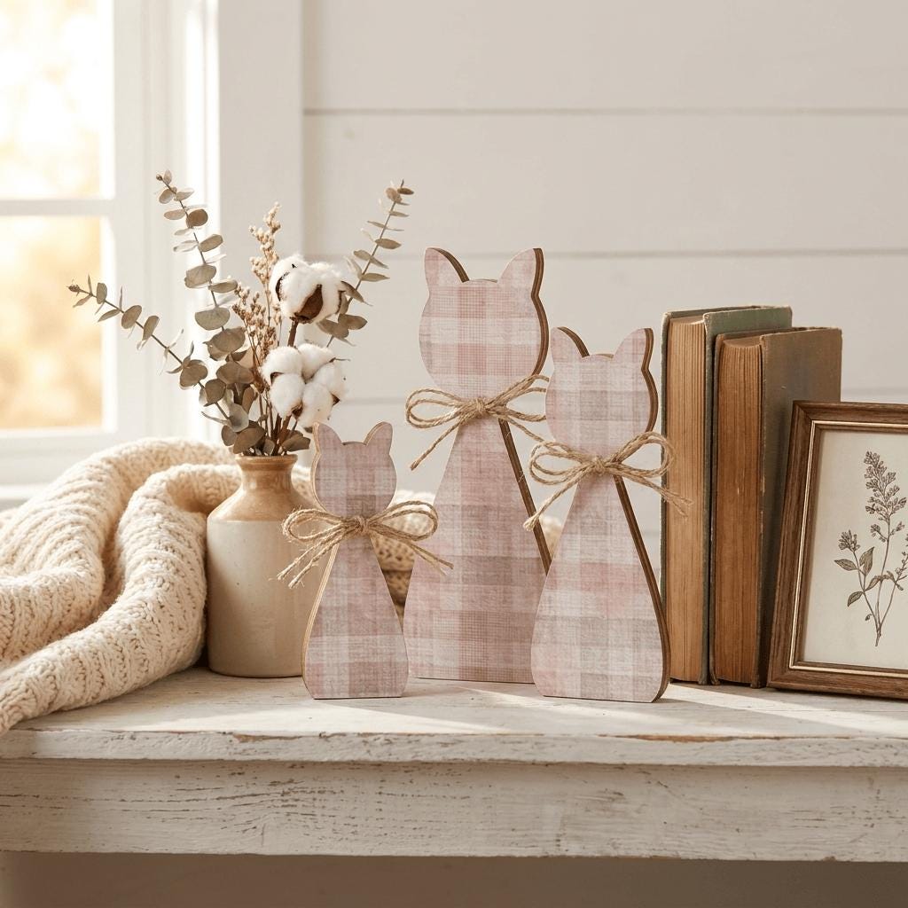 Soft Pink / Tan Plaid Cat Family Shelf Sitters | Farmhouse Cat Decor | Freestanding Wood Cat Set | Cat Lover Gift - TheGrumpyRooster