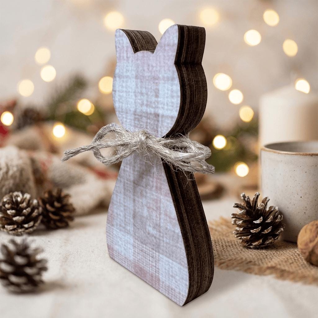 Soft Pink / Tan Plaid Cat Family Shelf Sitters | Farmhouse Cat Decor | Freestanding Wood Cat Set | Cat Lover Gift - TheGrumpyRooster