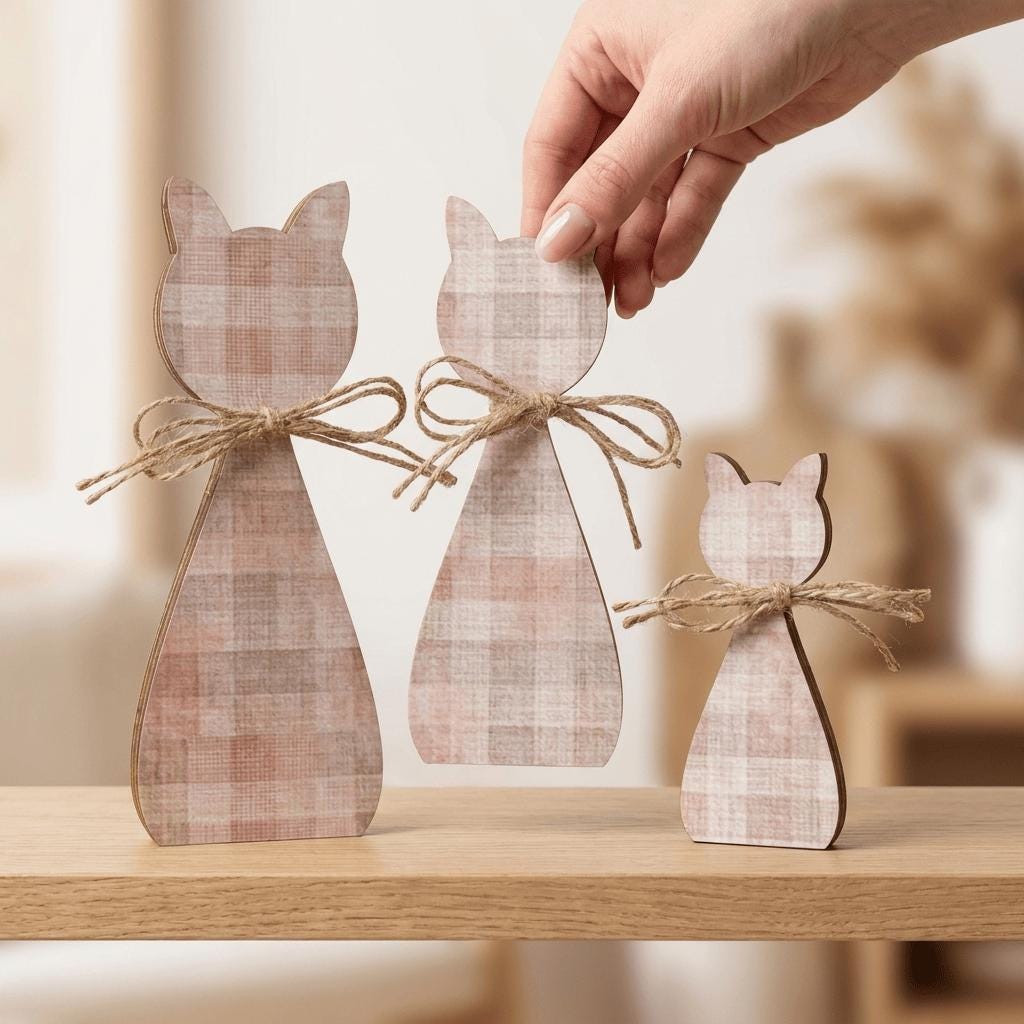 Soft Pink / Tan Plaid Cat Family Shelf Sitters | Farmhouse Cat Decor | Freestanding Wood Cat Set | Cat Lover Gift - TheGrumpyRooster