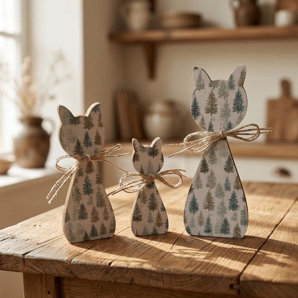 Woodland Cat Family Shelf Sitters | Rustic Farmhouse Cat Decor | Freestanding Wood Cat Set | Cat Lover Gift - TheGrumpyRooster