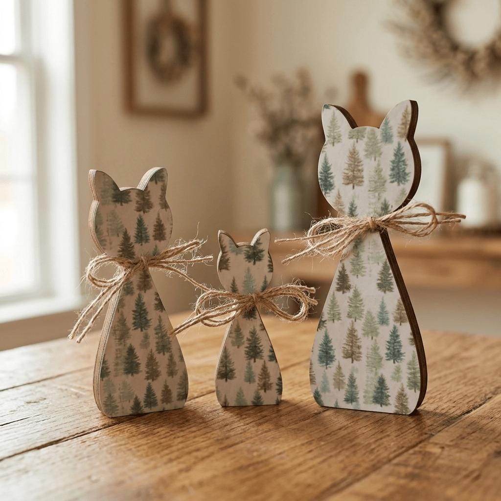 Woodland Cat Family Shelf Sitters | Rustic Farmhouse Cat Decor | Freestanding Wood Cat Set | Cat Lover Gift - TheGrumpyRooster