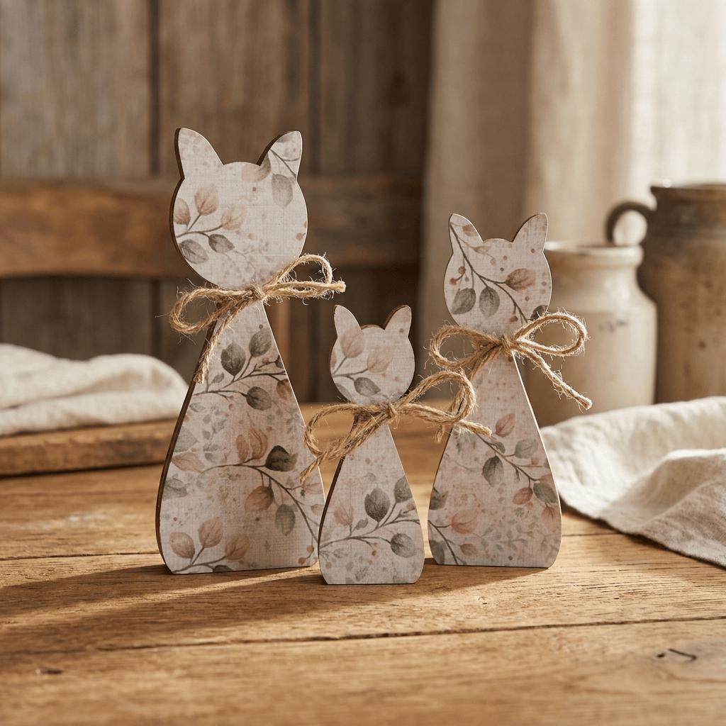 Neutral Botanical Cat Family Shelf Sitters | Rustic Farmhouse Cat Decor | Freestanding Wood Cat Set | Cat Lover Gift - TheGrumpyRooster