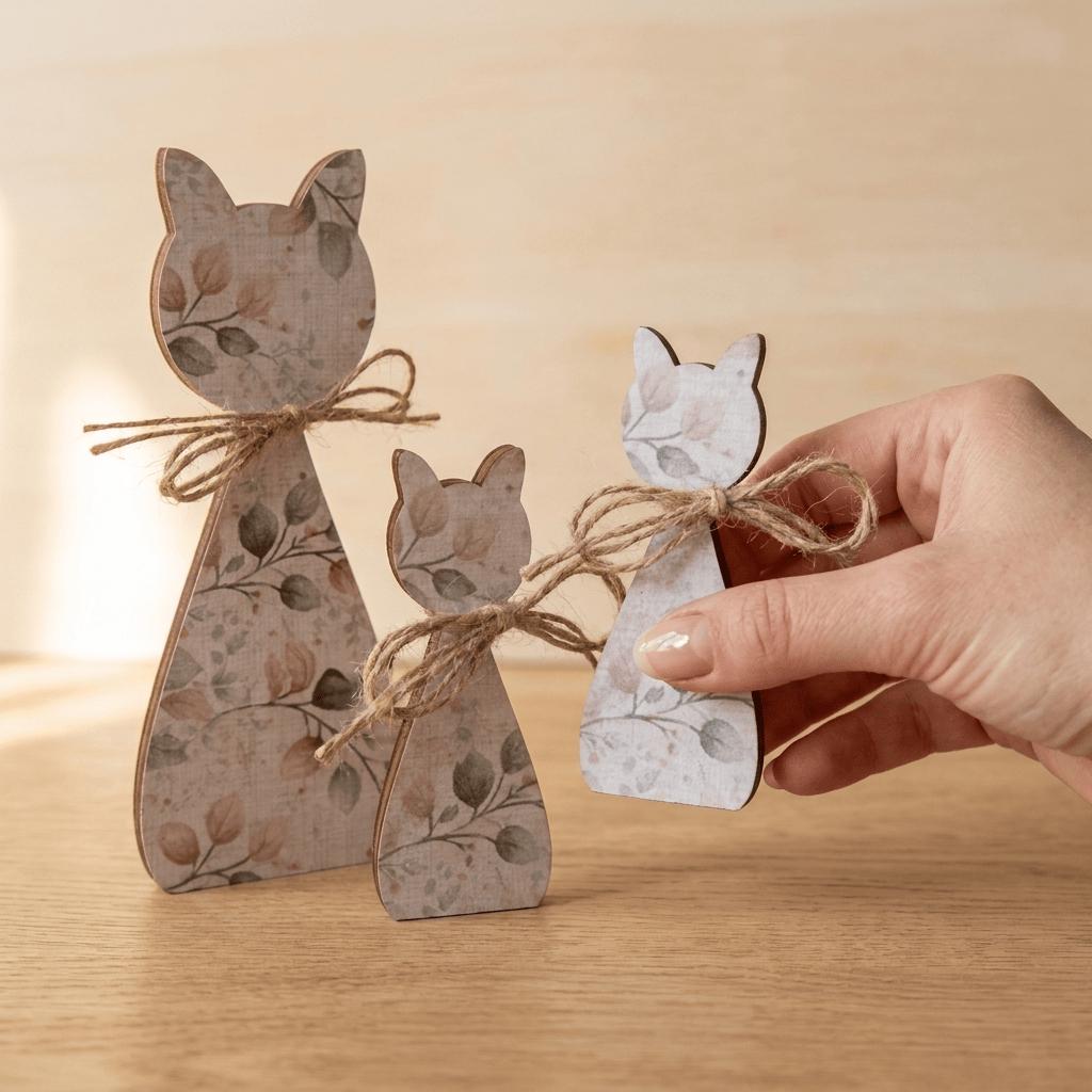 Neutral Botanical Cat Family Shelf Sitters | Rustic Farmhouse Cat Decor | Freestanding Wood Cat Set | Cat Lover Gift - TheGrumpyRooster