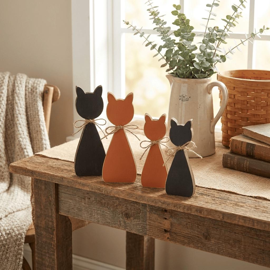 a wooden table with four cat-shaped ornaments in different colors - black, orange, and brown - sitting on it. There is also a basket of books and a plant in the background.