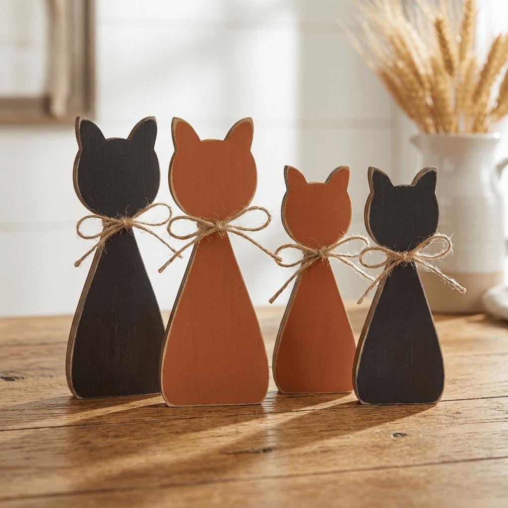 Four wooden cat figurines are arranged on a wooden surface, each with a brown bow tied around its neck.