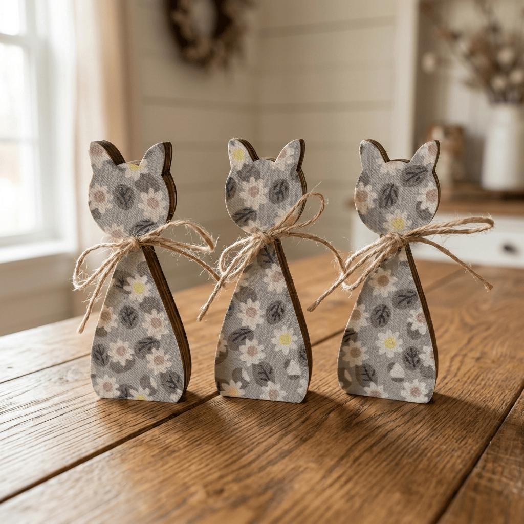 Three wooden cat figurines with floral patterns are arranged on a wooden surface, tied with twine.