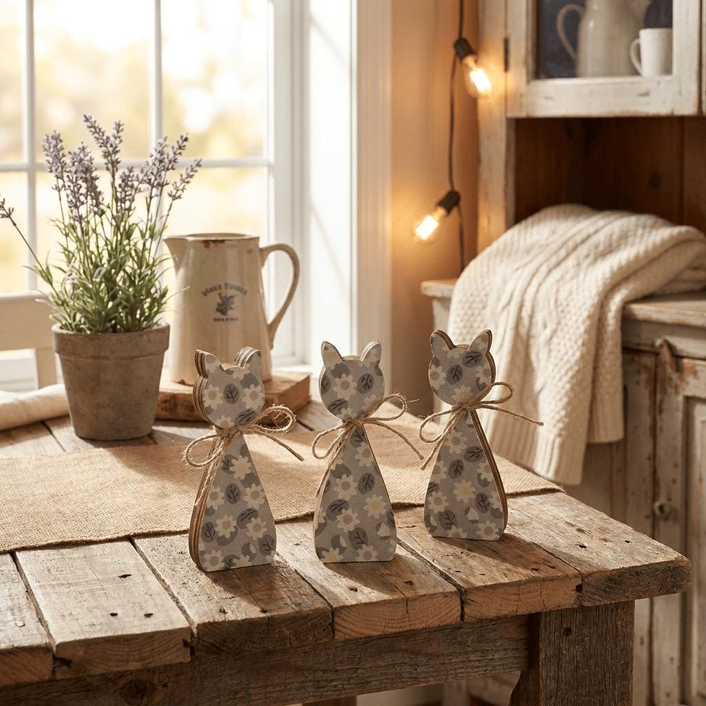 a rustic wooden table with three wooden cat figurines tied with ribbons, placed in front of a window with a potted plant and a white pitcher.