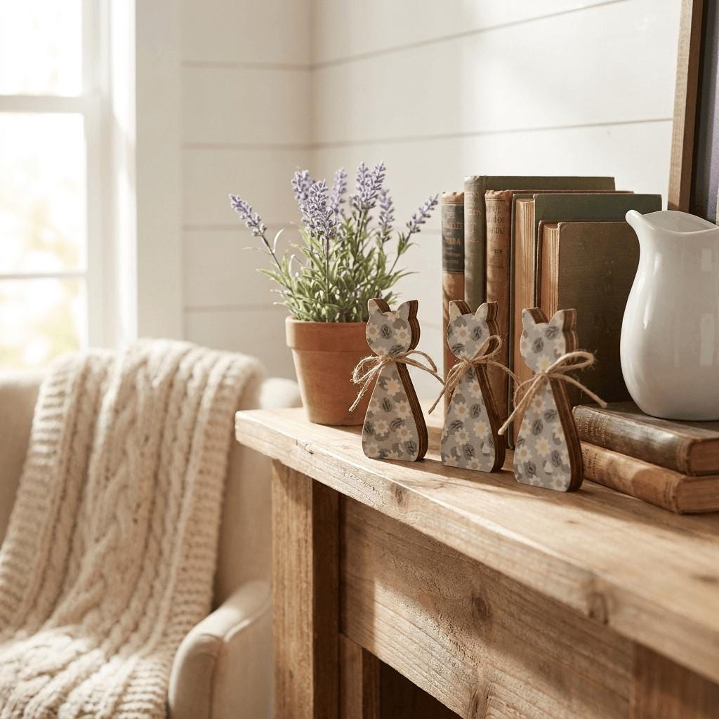 a cozy living room with a wooden table displaying three wooden cat figurines, a potted plant, and a stack of books.