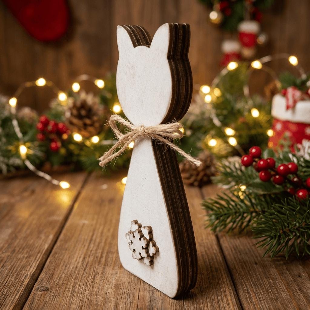 A wooden cat-shaped ornament with a twine bow is displayed on a wooden surface, surrounded by Christmas decorations and lights.