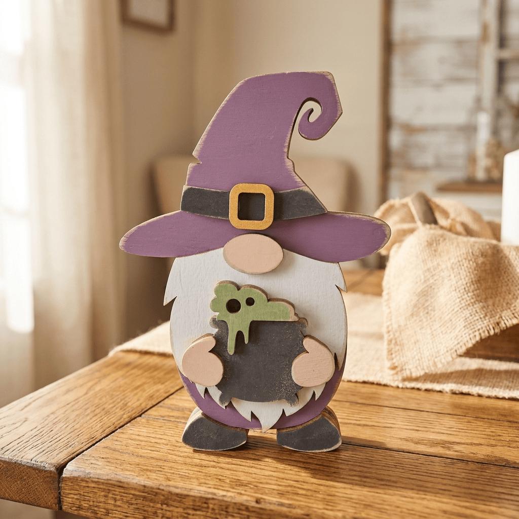 A wooden gnome figure wearing a purple hat and holding a green object, sitting on a wooden table.