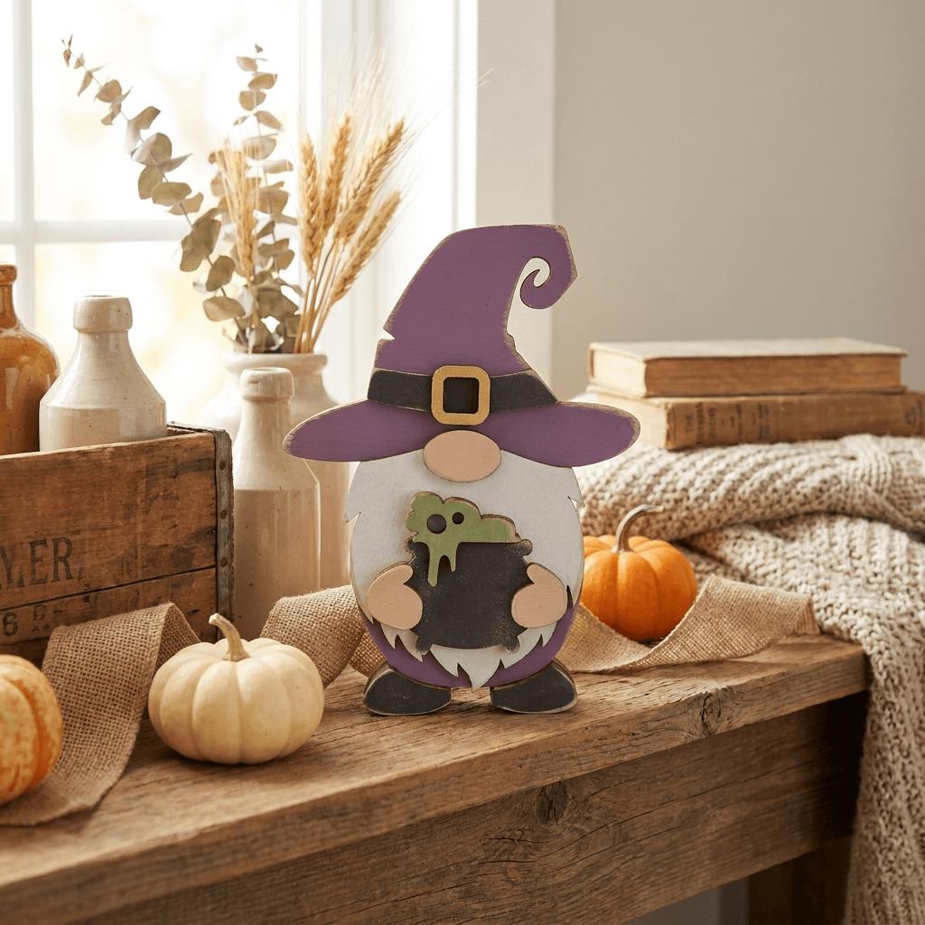 A wooden table with a carved gnome figure holding a cauldron, surrounded by various fall-themed decorations such as pumpkins, vases, and books.