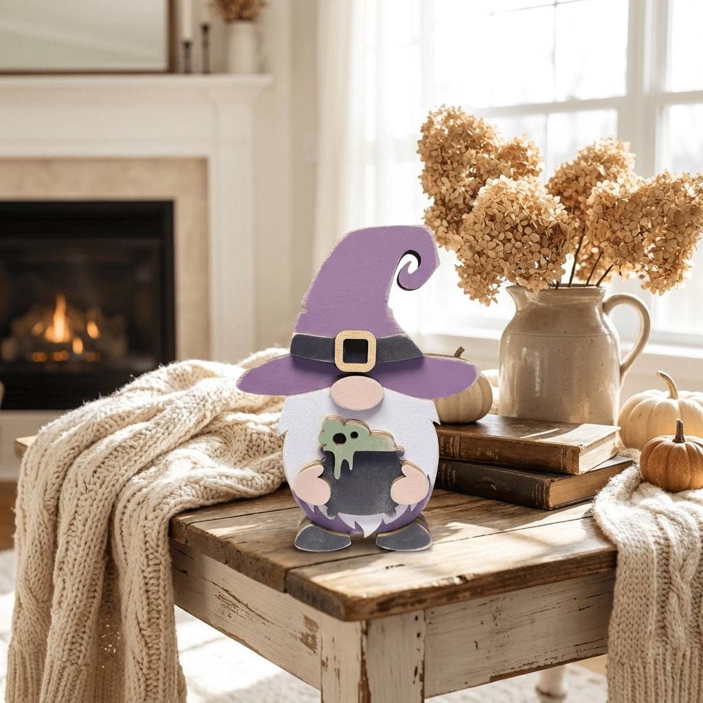A wooden gnome figurine wearing a purple witch's hat sits on a wooden table, surrounded by a cozy fireplace, a vase of flowers, and books.