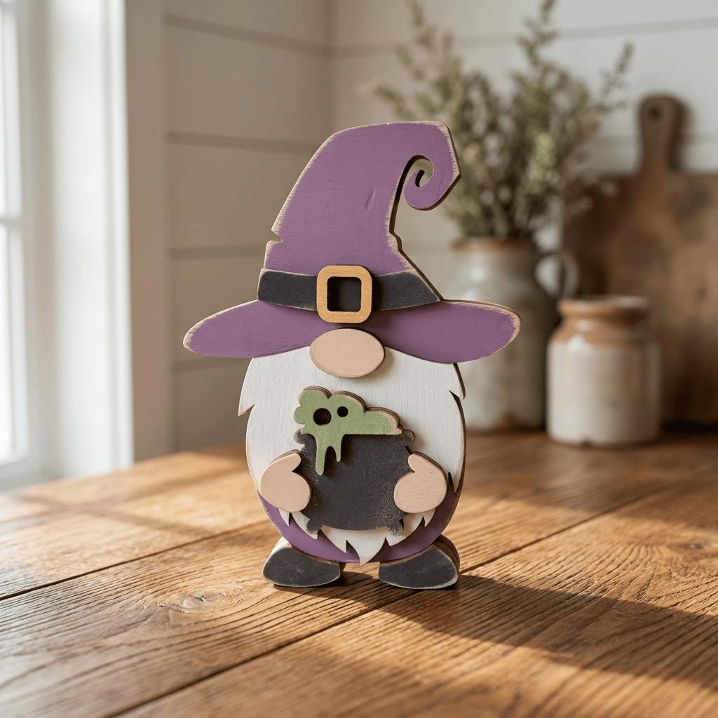 A wooden gnome figurine wearing a purple hat and holding a cauldron, standing on a wooden table.