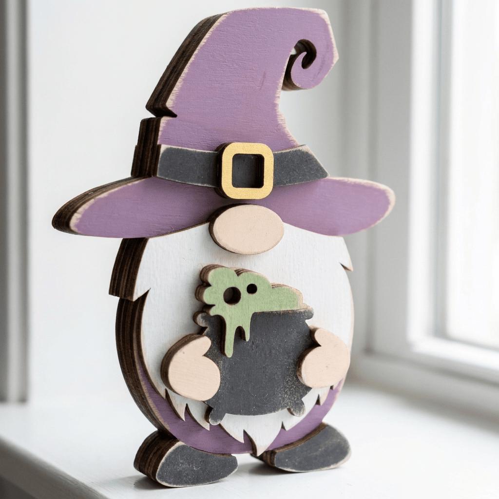 A wooden gnome figure in a purple outfit, with a green cauldron on its belly, is sitting on a white surface.
