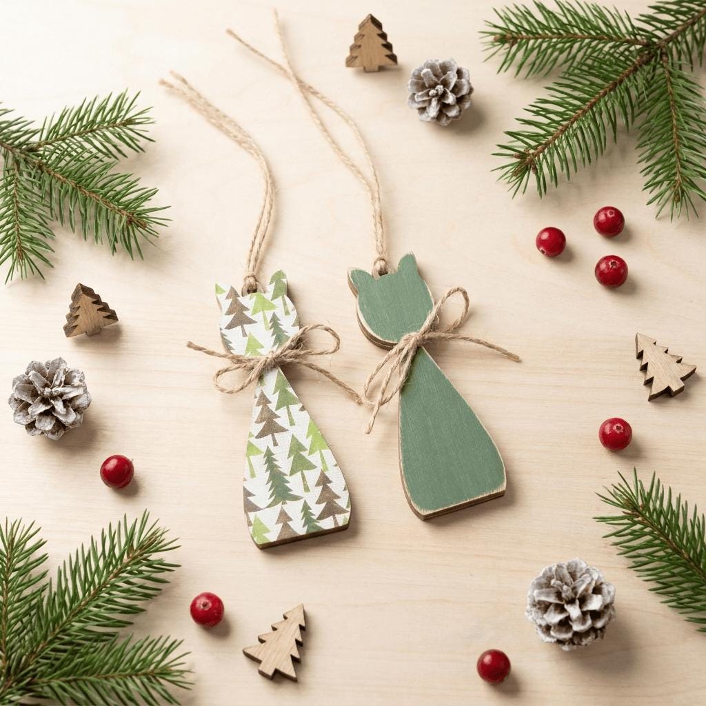 Woodland Cat Christmas Ornaments Set of 2 | Rustic Wood Cat Decor | Farmhouse Tree Ornaments | Nordic Holiday Gift - TheGrumpyRooster