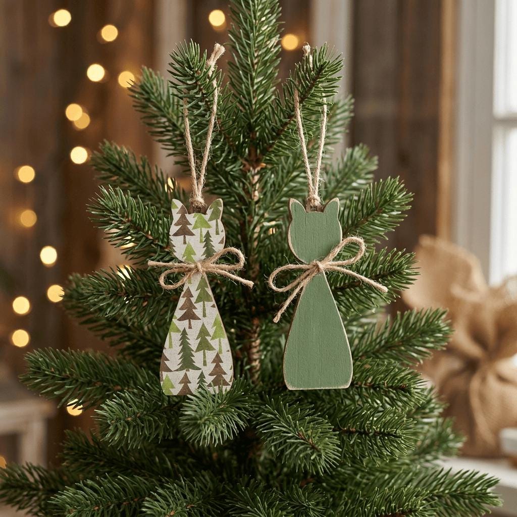 Woodland Cat Christmas Ornaments Set of 2 | Rustic Wood Cat Decor | Farmhouse Tree Ornaments | Nordic Holiday Gift - TheGrumpyRooster