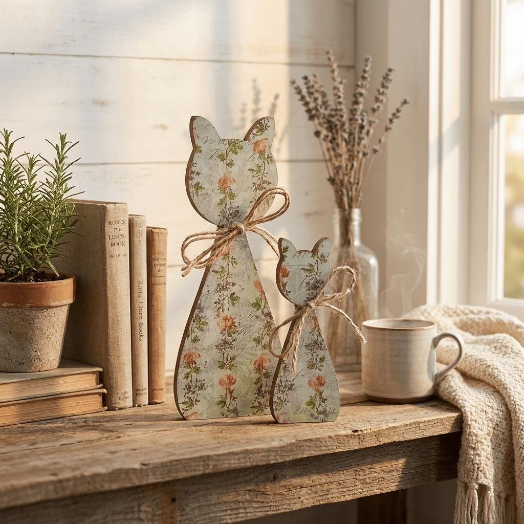 Floral Wood Cat Shelf Sitters Set of 2 | Farmhouse Cat Decor | Cottagecore Wooden Cats | Pet Lover Home Decor - TheGrumpyRooster