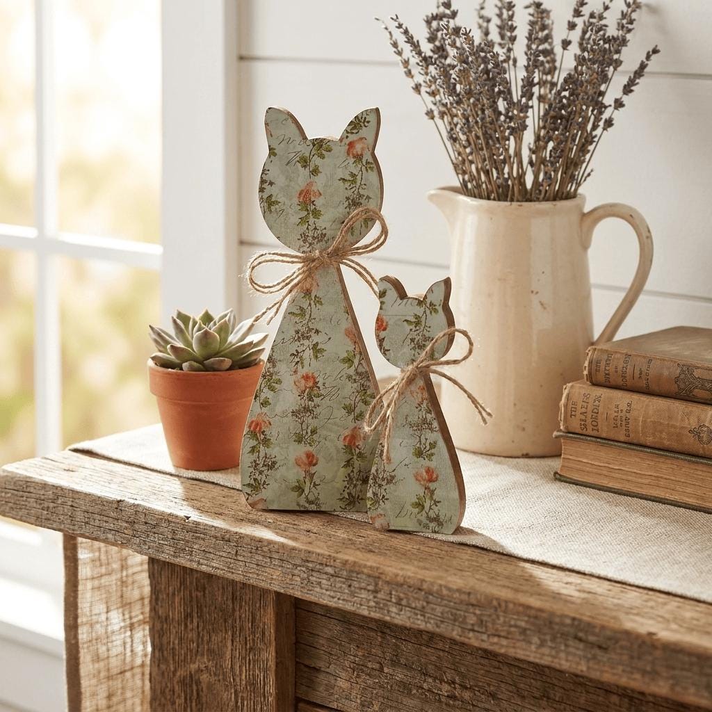 Floral Wood Cat Shelf Sitters Set of 2 | Farmhouse Cat Decor | Cottagecore Wooden Cats | Pet Lover Home Decor - TheGrumpyRooster