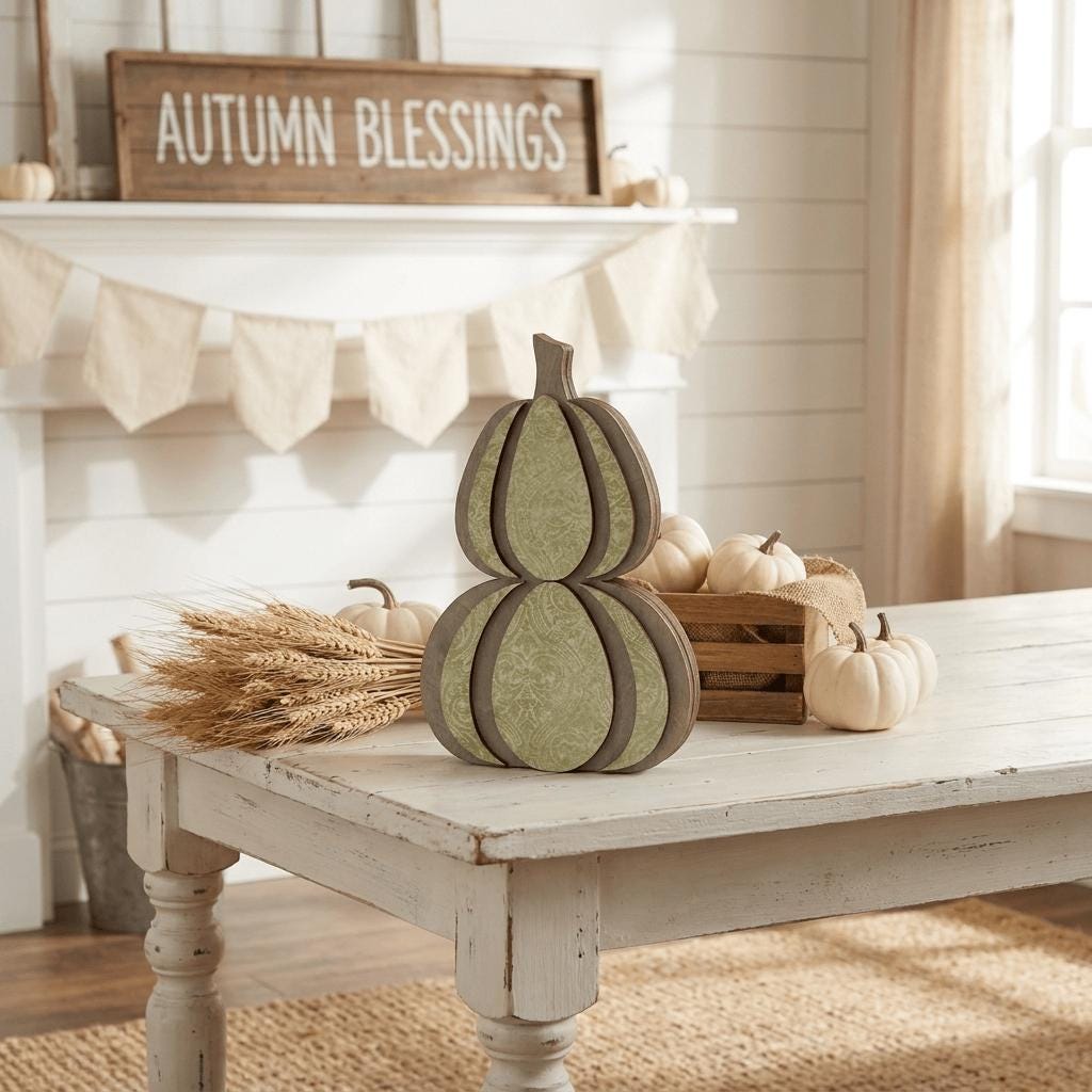 Sage Neutral Wooden Stacked Pumpkin Shelf Sitter | Farmhouse Fall Decor | Rustic Tiered Tray Pumpkin | Autumn Thanksgiving Gift - TheGrumpyRooster