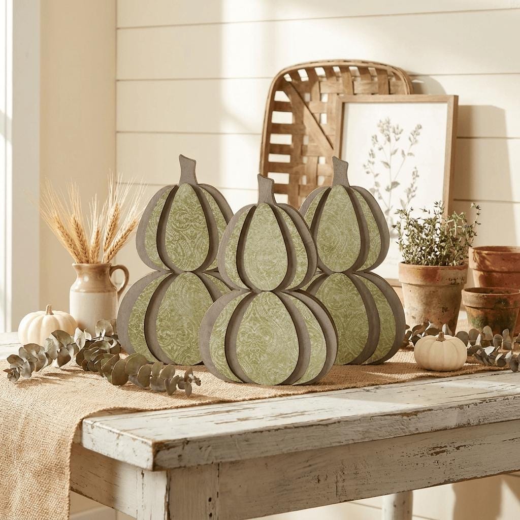 Sage Neutral Wooden Stacked Pumpkin Shelf Sitter | Farmhouse Fall Decor | Rustic Tiered Tray Pumpkin | Autumn Thanksgiving Gift - TheGrumpyRooster
